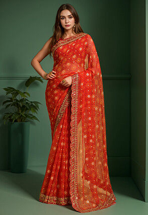 Tie Dye Printed Georgette Scalloped Saree in Red