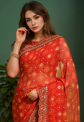 Tie Dye Printed Georgette Scalloped Saree in Red