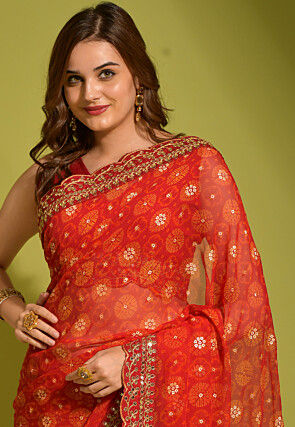 Tie Dye Printed Georgette Scalloped Saree in Red