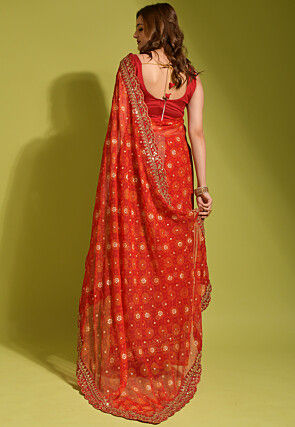Tie Dye Printed Georgette Scalloped Saree in Red
