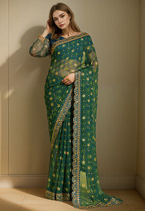 Tie Dye Printed Georgette Scalloped Saree in Teal Blue