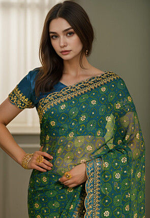 Tie Dye Printed Georgette Scalloped Saree in Teal Blue