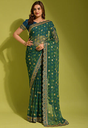 Tie Dye Printed Georgette Scalloped Saree in Teal Blue