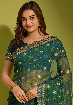 Tie Dye Printed Georgette Scalloped Saree in Teal Blue