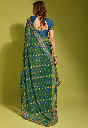 Tie Dye Printed Georgette Scalloped Saree in Teal Blue
