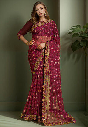 Tie Dye Printed Georgette Scalloped Saree in Wine