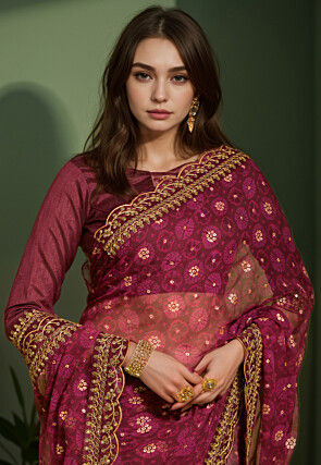Tie Dye Printed Georgette Scalloped Saree in Wine