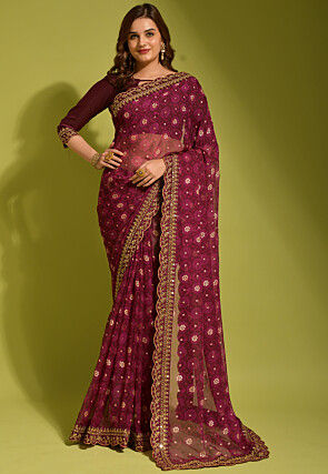 Tie Dye Printed Georgette Scalloped Saree in Wine