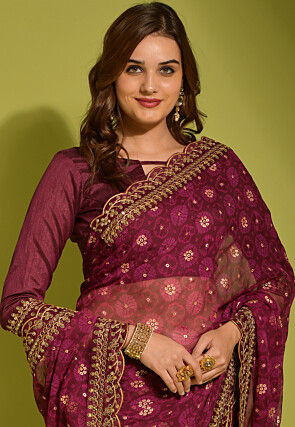 Tie Dye Printed Georgette Scalloped Saree in Wine