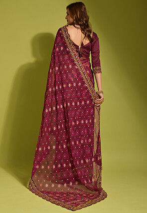 Tie Dye Printed Georgette Scalloped Saree in Wine
