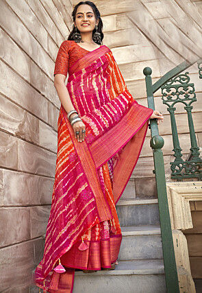 Tie Dye Printed Organza Saree in Pink and Red