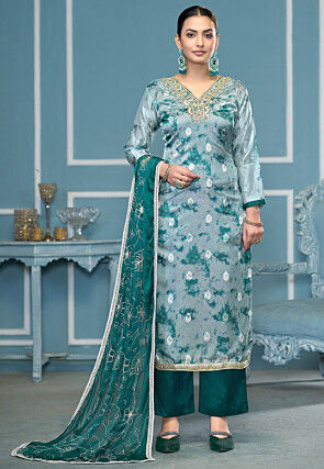 Tie Dye Printed Organza Silk Jacquard Pakistani Suit in Blue
