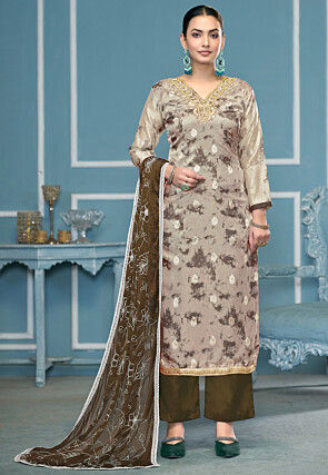 Tie Dye Printed Organza Silk Jacquard Pakistani Suit in Brown