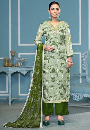 Tie Dye Printed Organza Silk Jacquard Pakistani Suit in Light Green