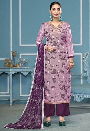Tie Dye Printed Organza Silk Jacquard Pakistani Suit in Purple