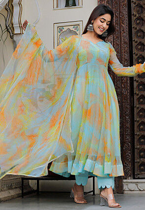 Tie Dye Printed Pure Chiffon Aline Suit in Sky Blue