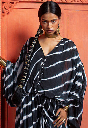 Tie Dye Printed Pure Chinon Chiffon Cowl Dress in Black