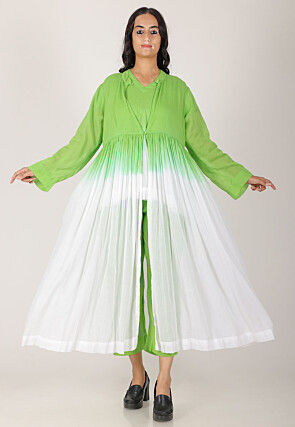 Tie Dye Printed Pure Cotton Aline Kurta Set in Light Green and White