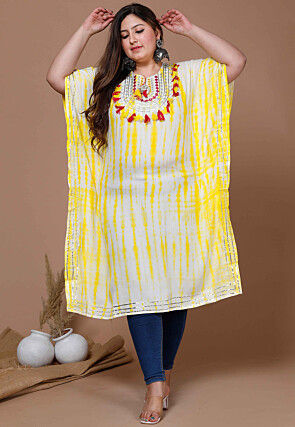 Tie Dye Printed Pure Cotton Kaftan in Yellow and White