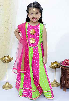 Tie Dye Printed Pure Cotton Lehenga in Light Green and Fuchsia