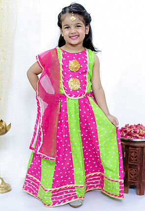 Tie Dye Printed Pure Cotton Lehenga in Light Green and Fuchsia