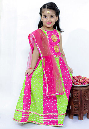 Tie Dye Printed Pure Cotton Lehenga in Light Green and Fuchsia