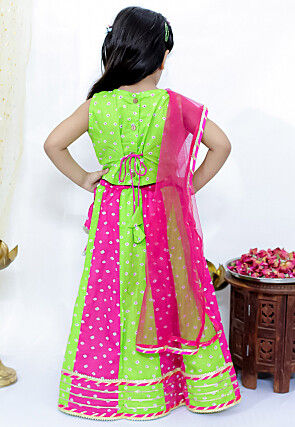 Tie Dye Printed Pure Cotton Lehenga in Light Green and Fuchsia