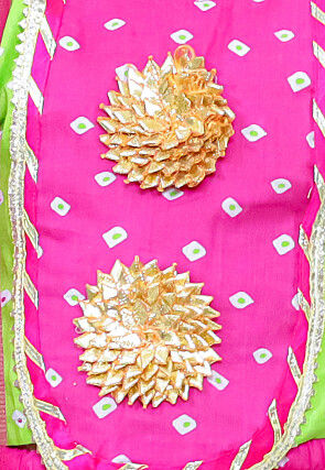 Tie Dye Printed Pure Cotton Lehenga in Light Green and Fuchsia