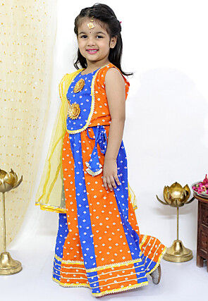 Tie Dye Printed Pure Cotton Lehenga in Orange and Blue