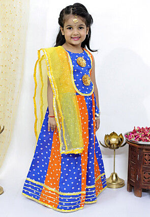 Tie Dye Printed Pure Cotton Lehenga in Orange and Blue