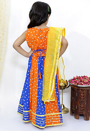 Tie Dye Printed Pure Cotton Lehenga in Orange and Blue