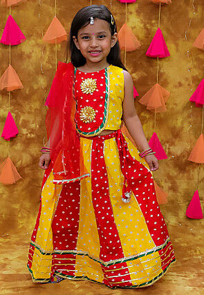Tie Dye Printed Pure Cotton Lehenga in Yellow and Red