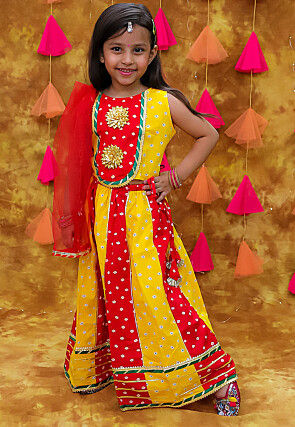 Tie Dye Printed Pure Cotton Lehenga in Yellow and Red