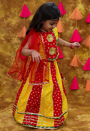 Tie Dye Printed Pure Cotton Lehenga in Yellow and Red