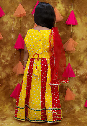 Tie Dye Printed Pure Cotton Lehenga in Yellow and Red