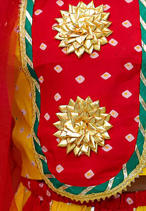 Tie Dye Printed Pure Cotton Lehenga in Yellow and Red