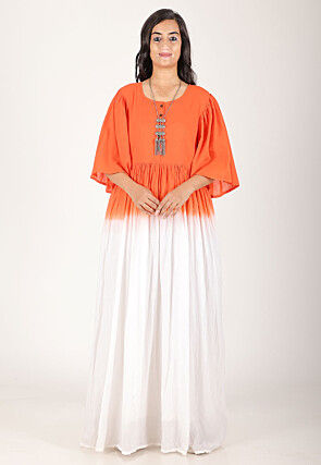 Tie Dye Printed Pure Cotton Maxi Dress in Orange and White