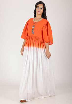 Tie Dye Printed Pure Cotton Maxi Dress in Orange and White