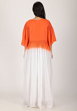Tie Dye Printed Pure Cotton Maxi Dress in Orange and White