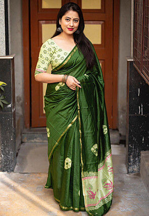 Tie Dye Printed Pure Cotton Saree in Dark Green