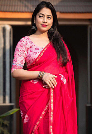 Tie Dye Printed Pure Cotton Saree in Fuchsia
