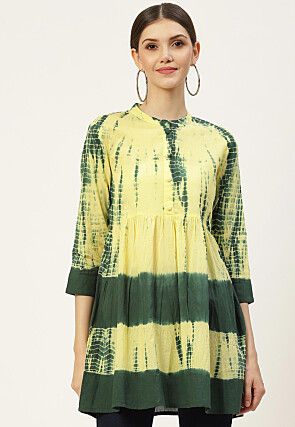 Tie Dye Printed Pure Cotton Tunic in Yellow and Dark Green