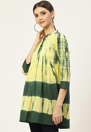 Tie Dye Printed Pure Cotton Tunic in Yellow and Dark Green