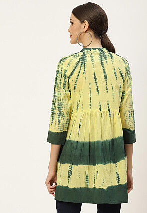Tie Dye Printed Pure Cotton Tunic in Yellow and Dark Green