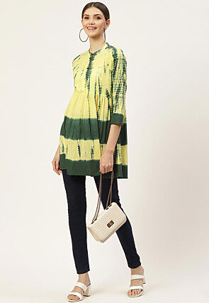 Tie Dye Printed Pure Cotton Tunic in Yellow and Dark Green