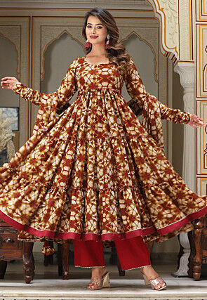 Tie Dye Printed Pure Georgette Aline Suit in Dark Beige and Maroon