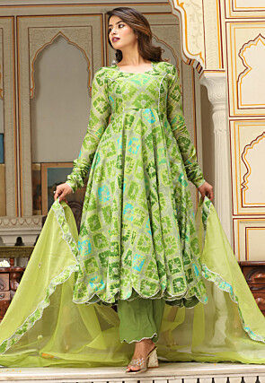 Tie Dye Printed Pure Georgette Aline Suit in Light Green