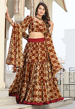 Tie Dye Printed Pure Georgette Tiered Lehenga in Brown