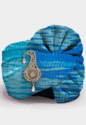 Tie Dye Printed Pure Kota Silk Unisex Turban in Blue