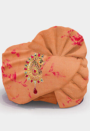 Tie Dye Printed Pure Kota Silk Unisex Turban in Light Orange